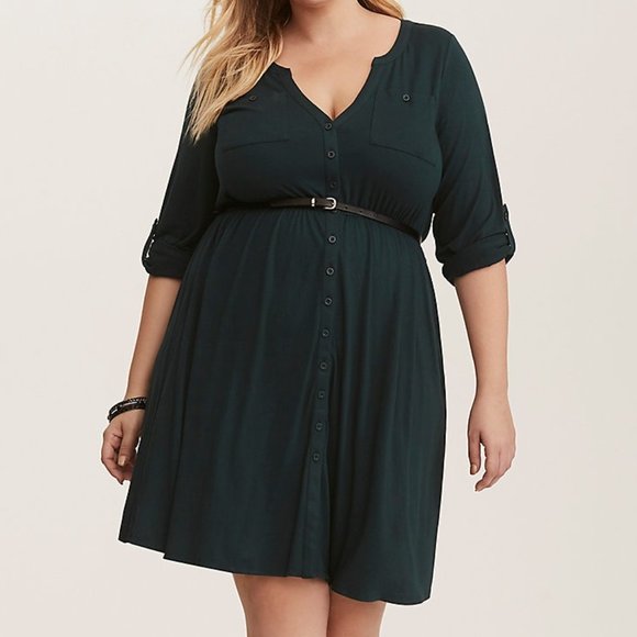 Torrid - Emerald Green Knit Button Front Belted Shirt Dress 1XL - Picture 1 of 2